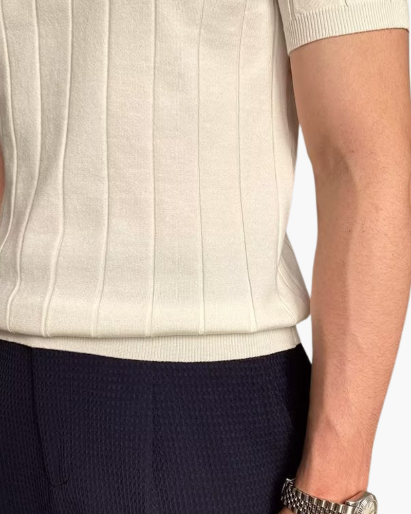 Close-up of material and construction details on men's Ribbed Cotton Polo — Ardovena Tavira